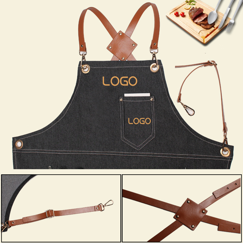 Leatherwork Apron - Floral PU Leather Straps Denim Work